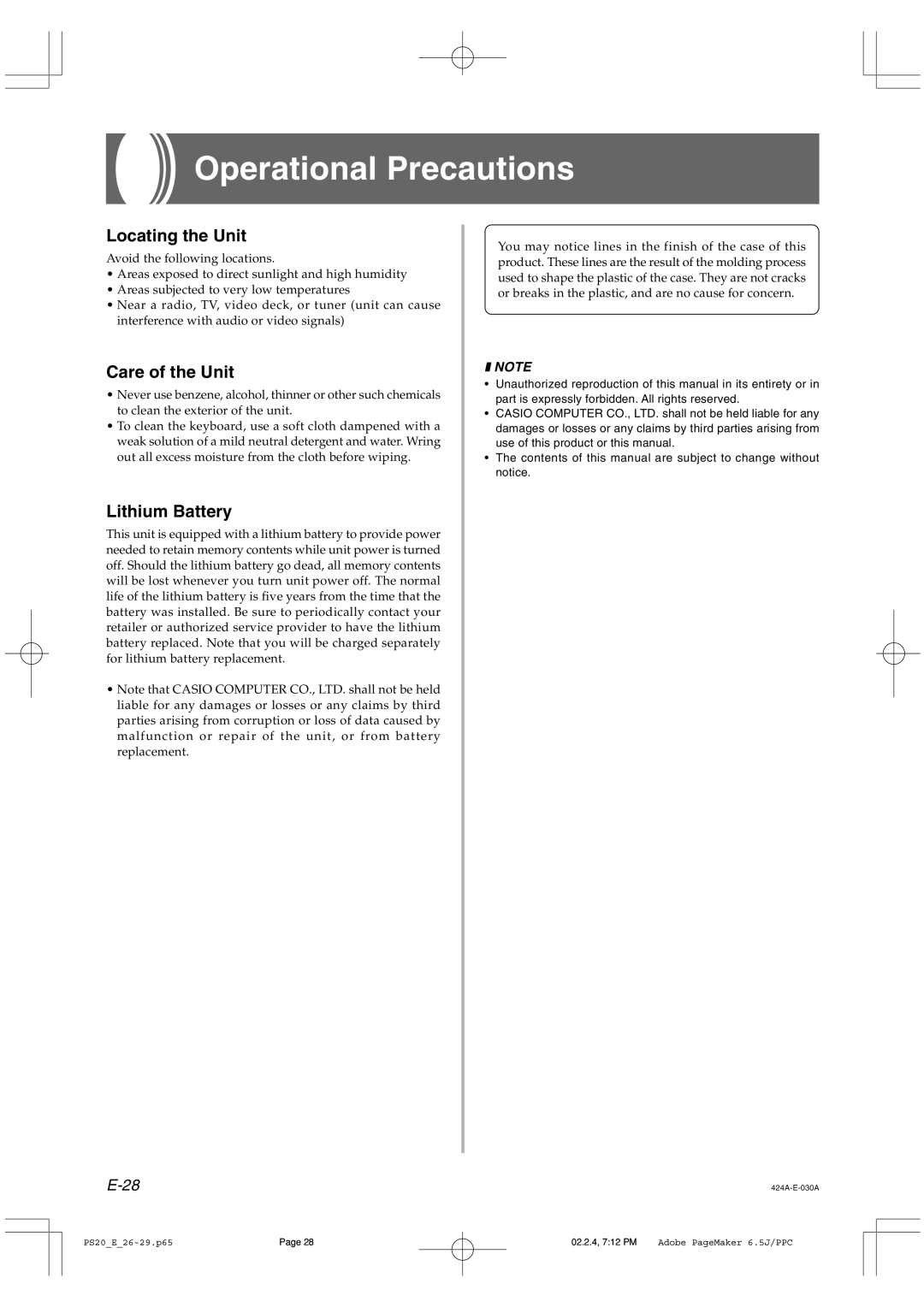 Casio PS-20 manual Operational Precautions, Locating the Unit, Care of the Unit, Lithium Battery 