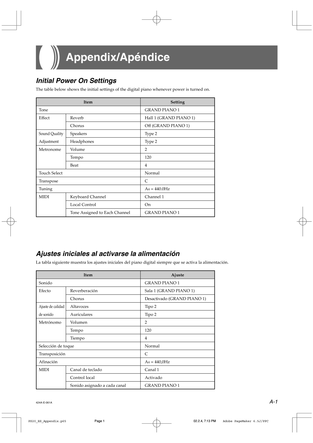 Casio PS-20 manual Appendix/Apéndice, Initial Power On Settings, Ajustes iniciales al activarse la alimentación 