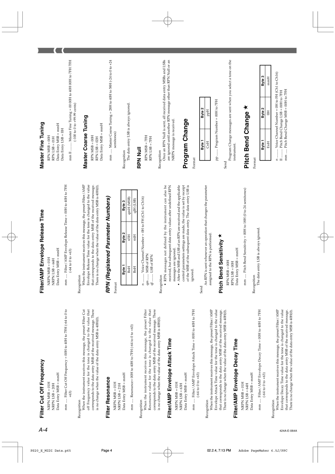 Casio PS-20 manual Program Change, Pitch Bend Change, RPN Registered Parameter Numbers 