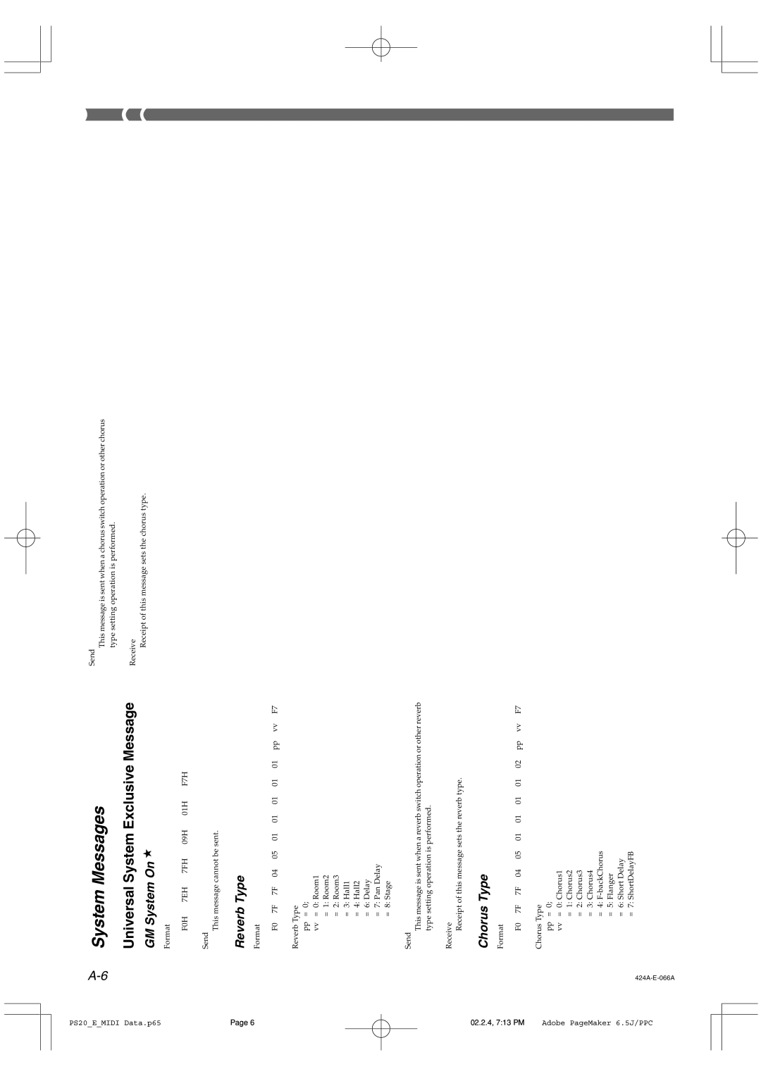 Casio PS-20 manual SystemMessages, UniversalSystemExclusive, GMSystemOn, Reverb Type, ChorusType 