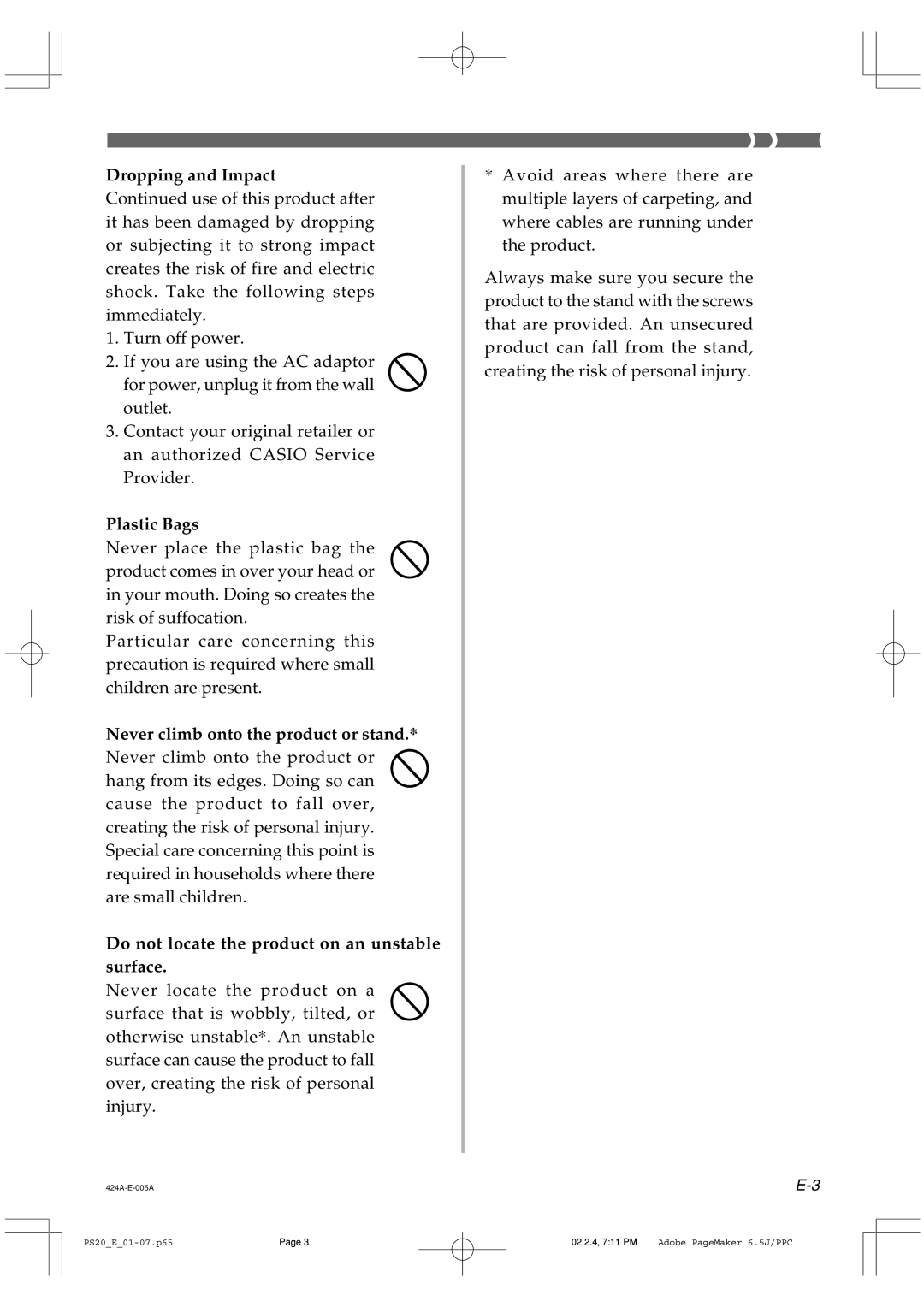 Casio PS-20 manual Dropping and Impact 