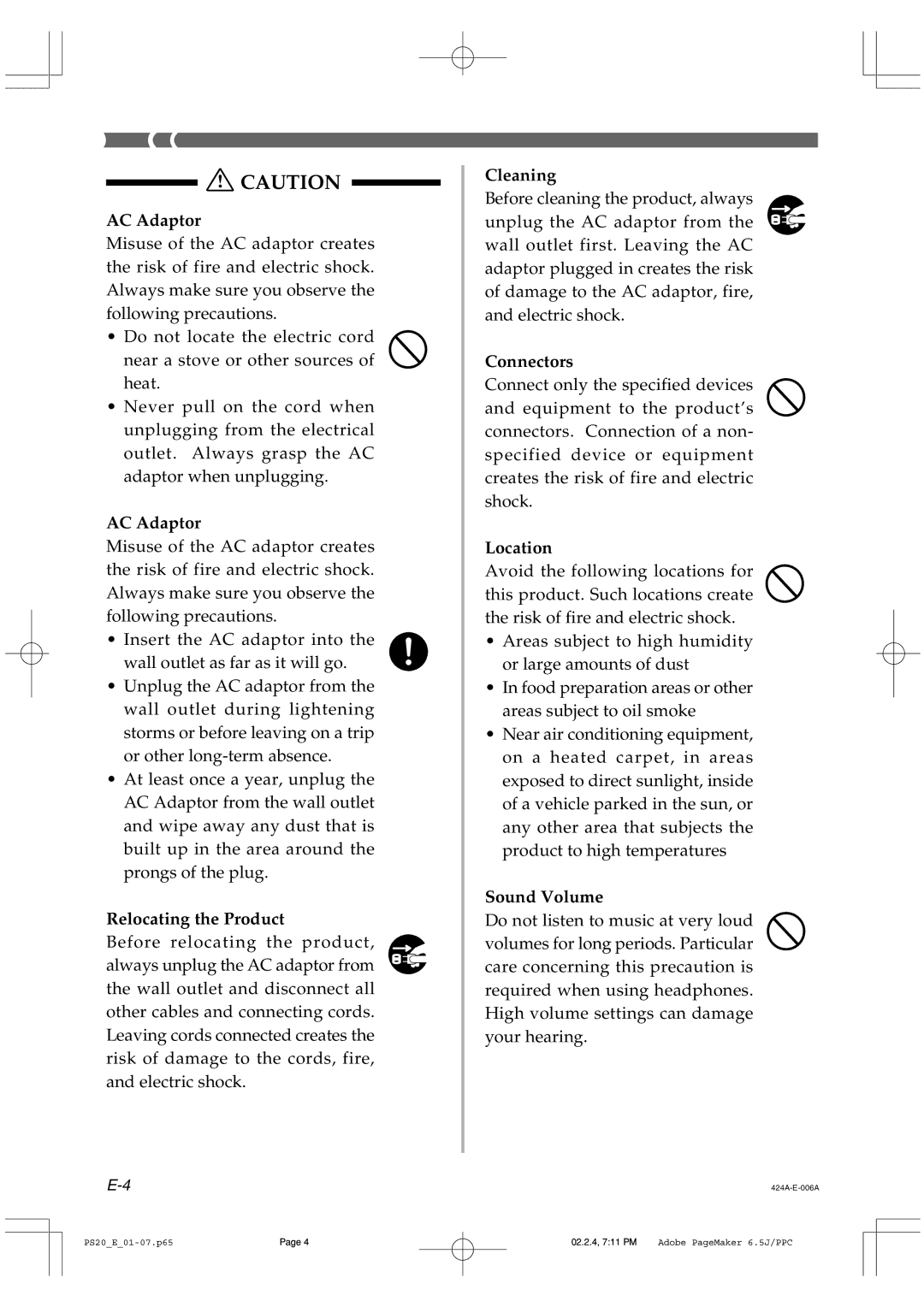 Casio PS-20 manual Relocating the Product 