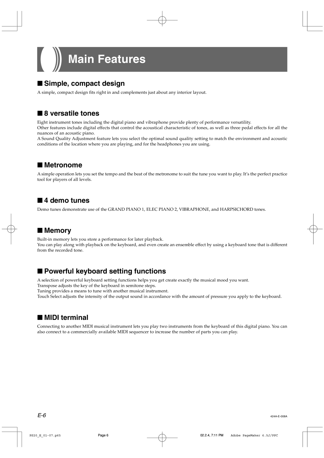 Casio PS-20 manual Main Features, Versatile tones 