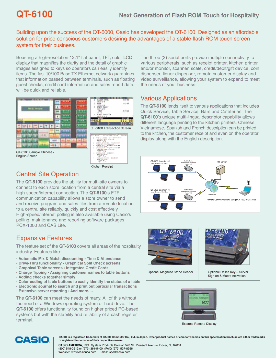 Casio QT-6100 manual Various Applications, Central Site Operation, Expansive Features 