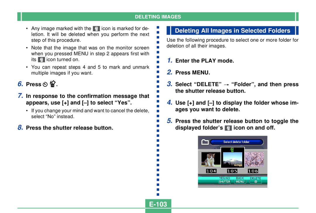 Casio QV-2300UX manual 103, Deleting All Images in Selected Folders 