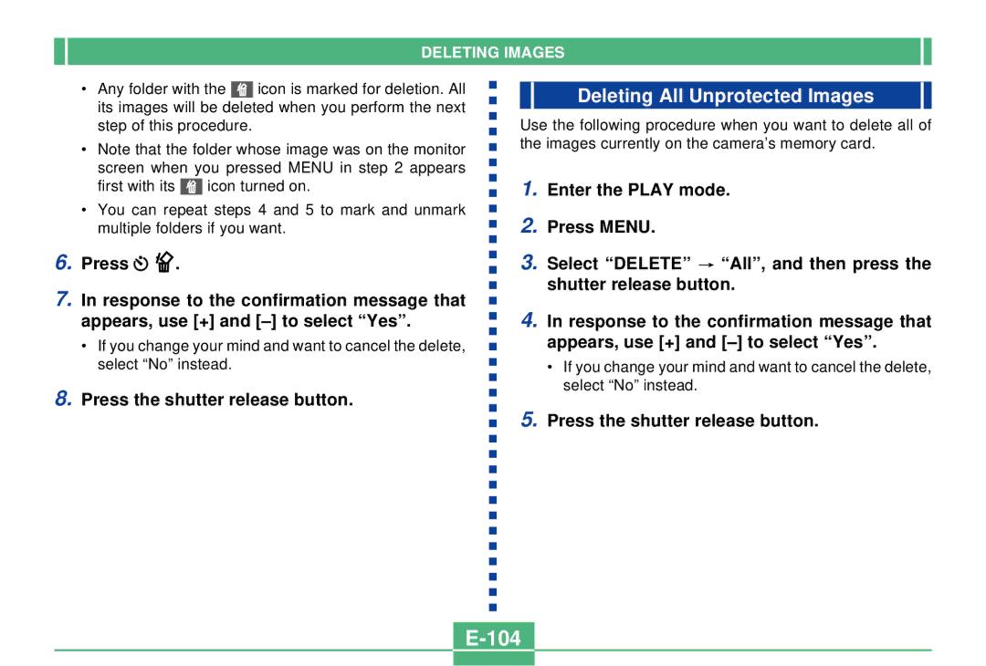 Casio QV-2300UX manual 104, Deleting All Unprotected Images 