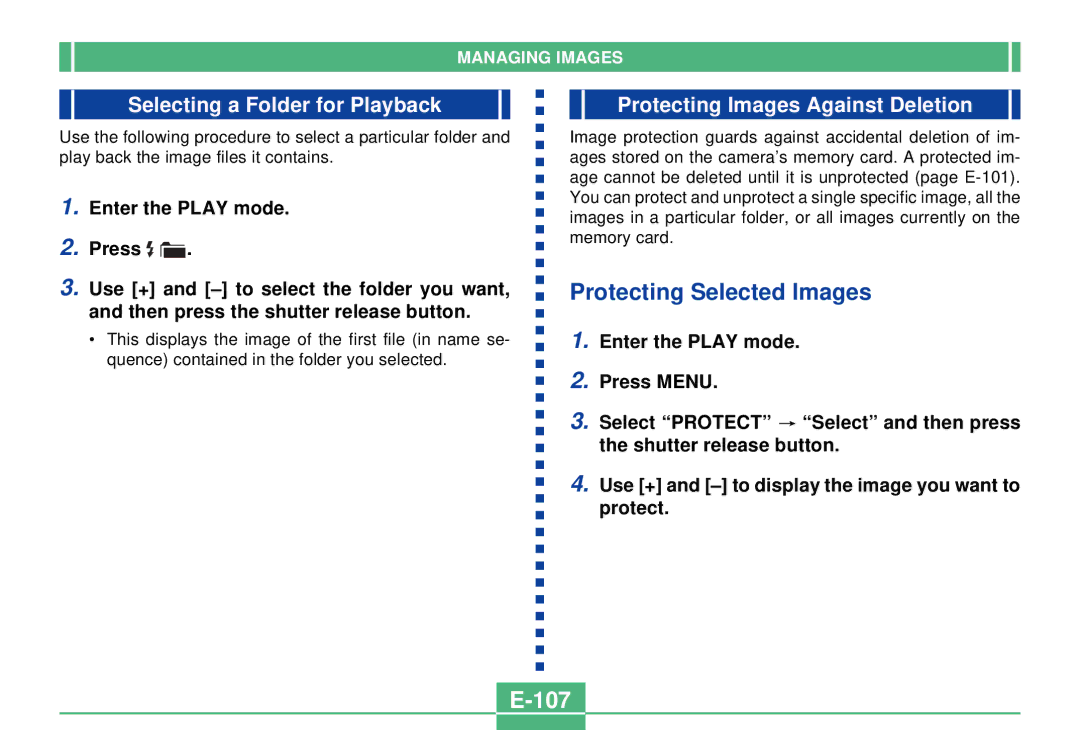 Casio QV-2300UX manual Protecting Selected Images, 107, Selecting a Folder for Playback, Protecting Images Against Deletion 