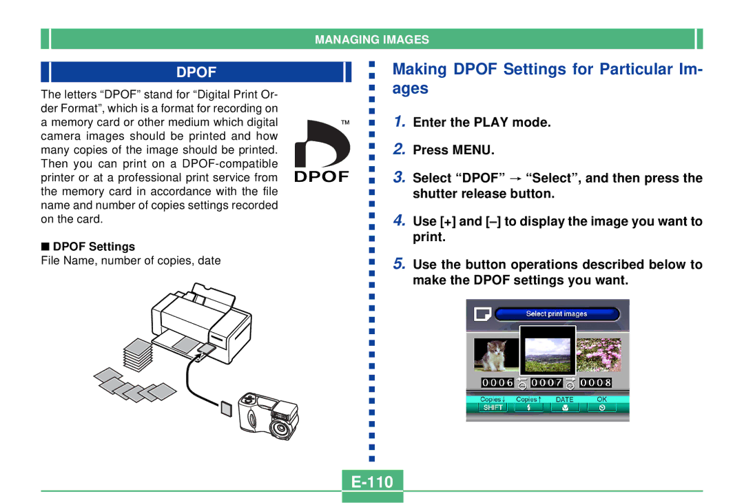 Casio QV-2300UX manual Making Dpof Settings for Particular Im- ages, 110 