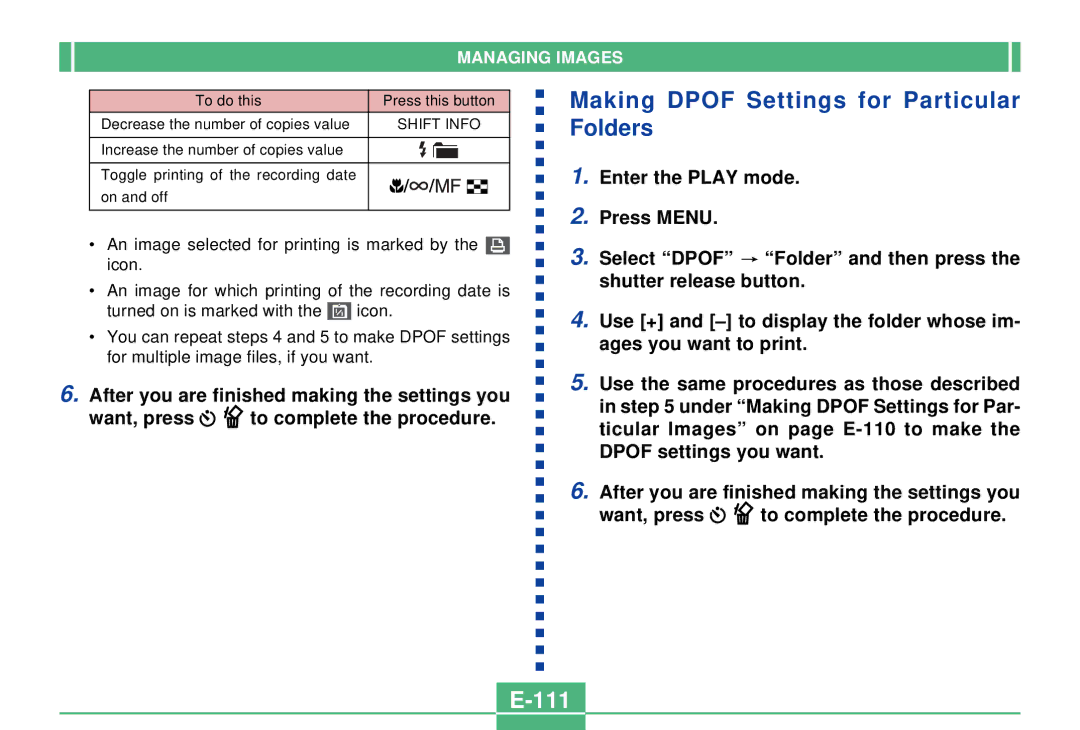 Casio QV-2300UX manual Making Dpof Settings for Particular Folders, 111 