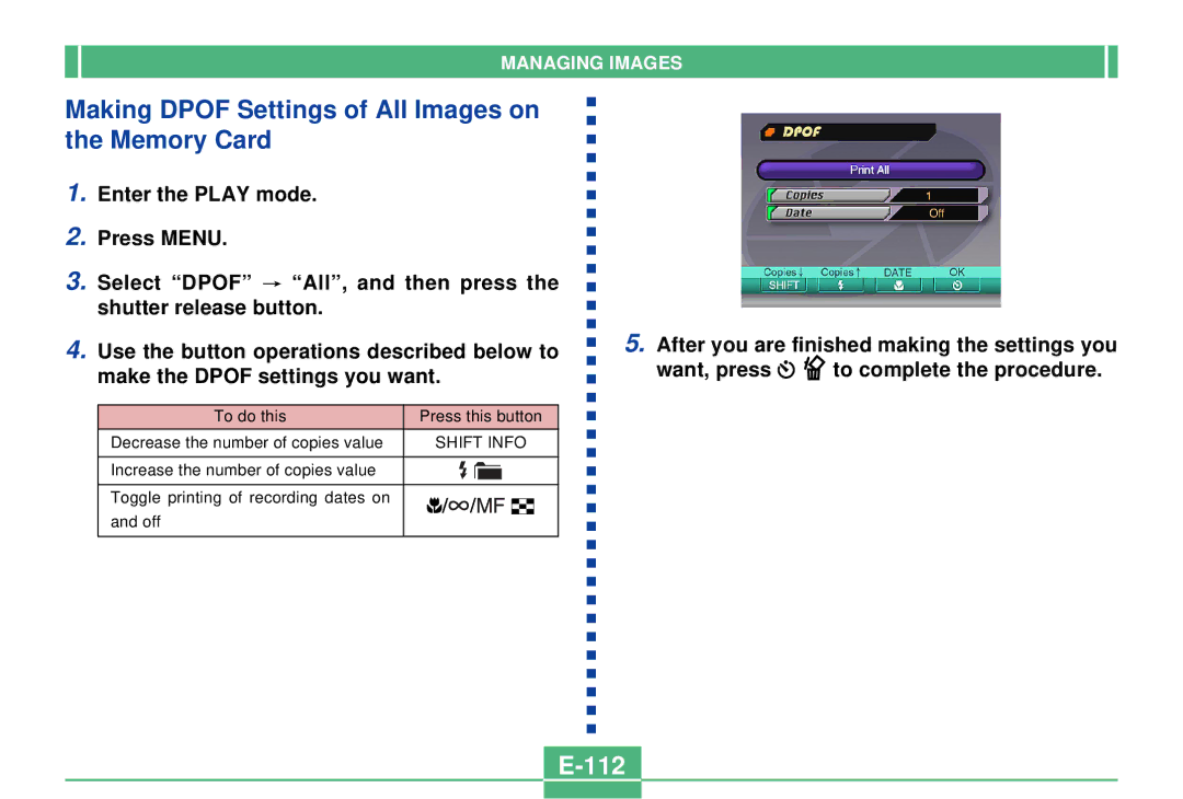 Casio QV-2300UX manual Making Dpof Settings of All Images on the Memory Card, 112 