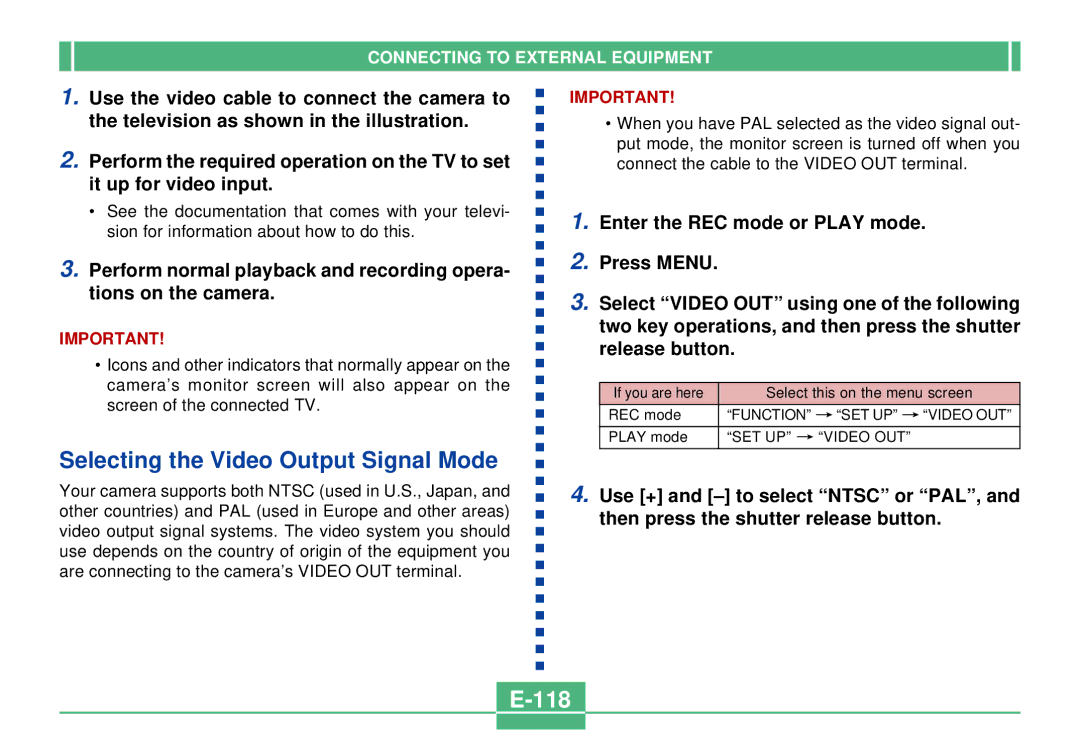 Casio QV-2300UX manual Selecting the Video Output Signal Mode, 118 