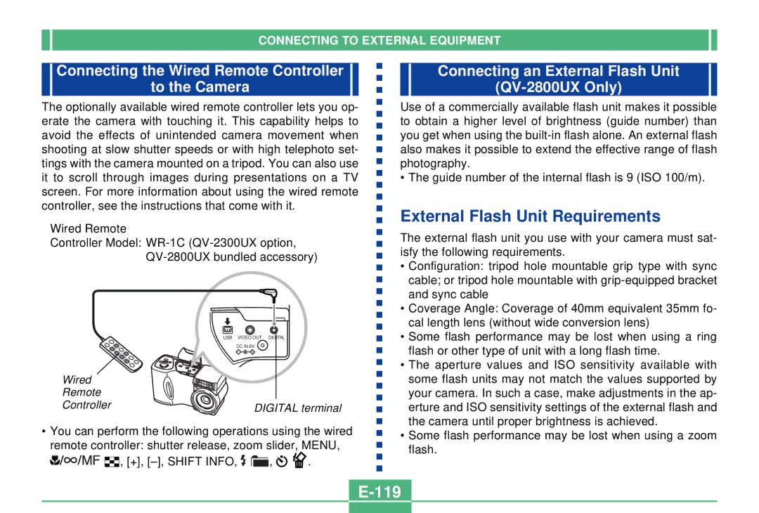 Casio QV-2300UX manual External Flash Unit Requirements, 119 