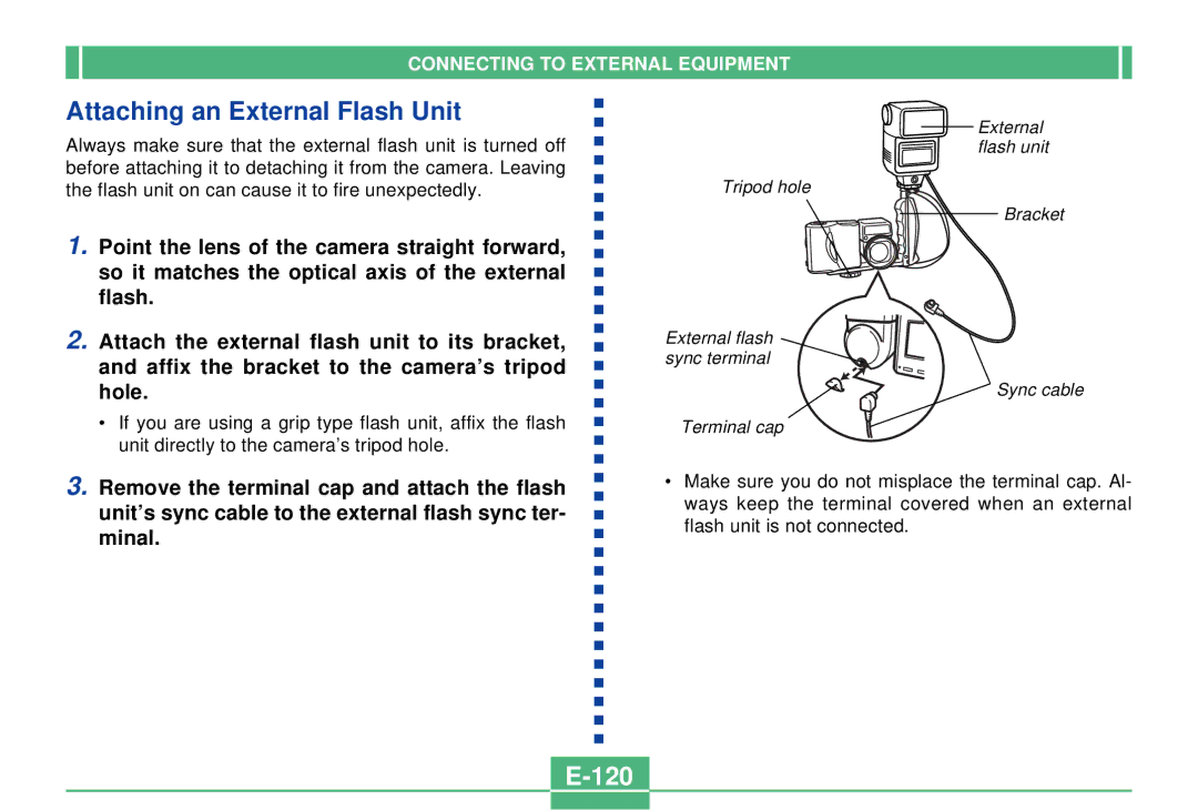 Casio QV-2300UX manual Attaching an External Flash Unit, 120 