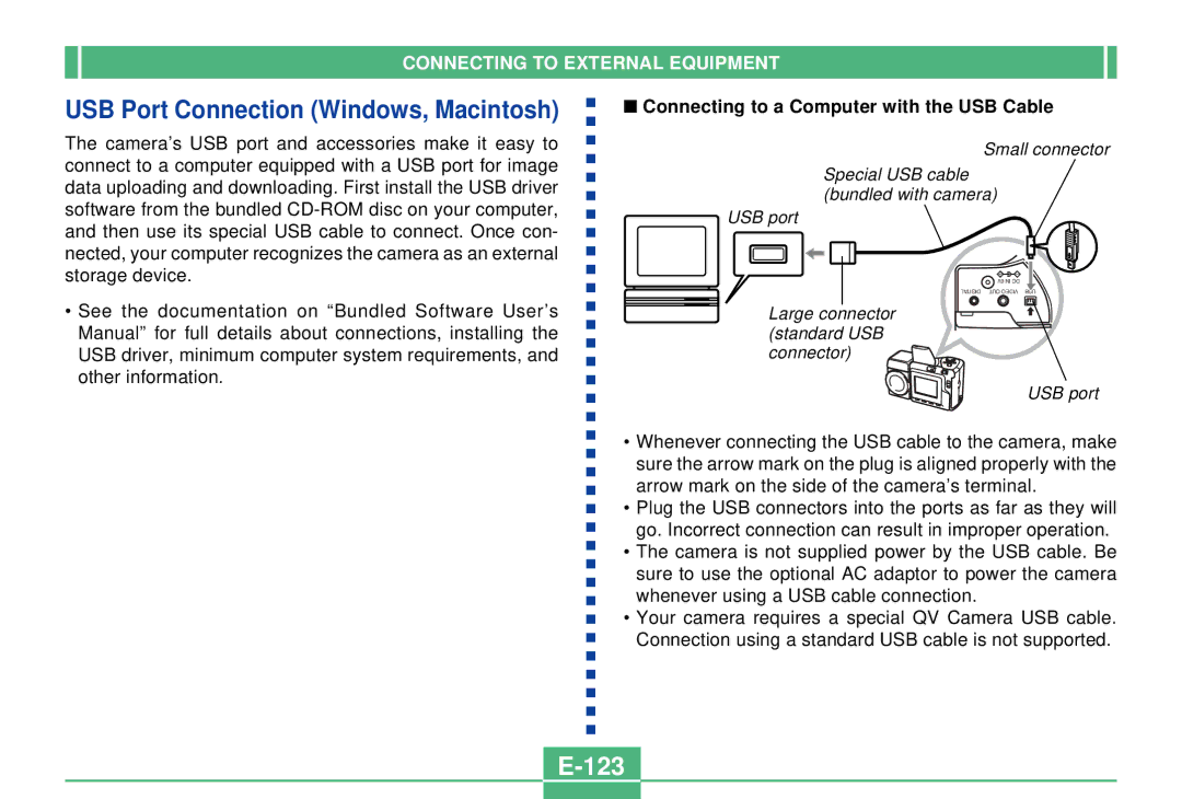 Casio QV-2300UX manual USB Port Connection Windows, Macintosh, 123, Connecting to a Computer with the USB Cable 