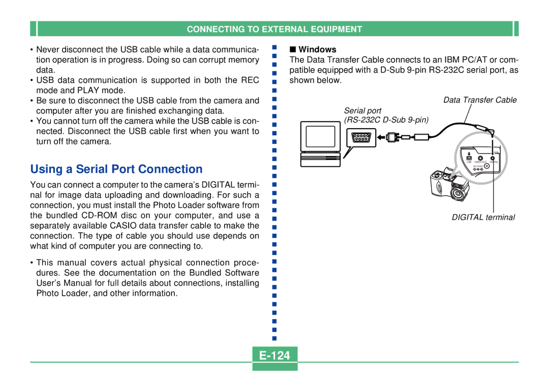 Casio QV-2300UX manual Using a Serial Port Connection, 124 