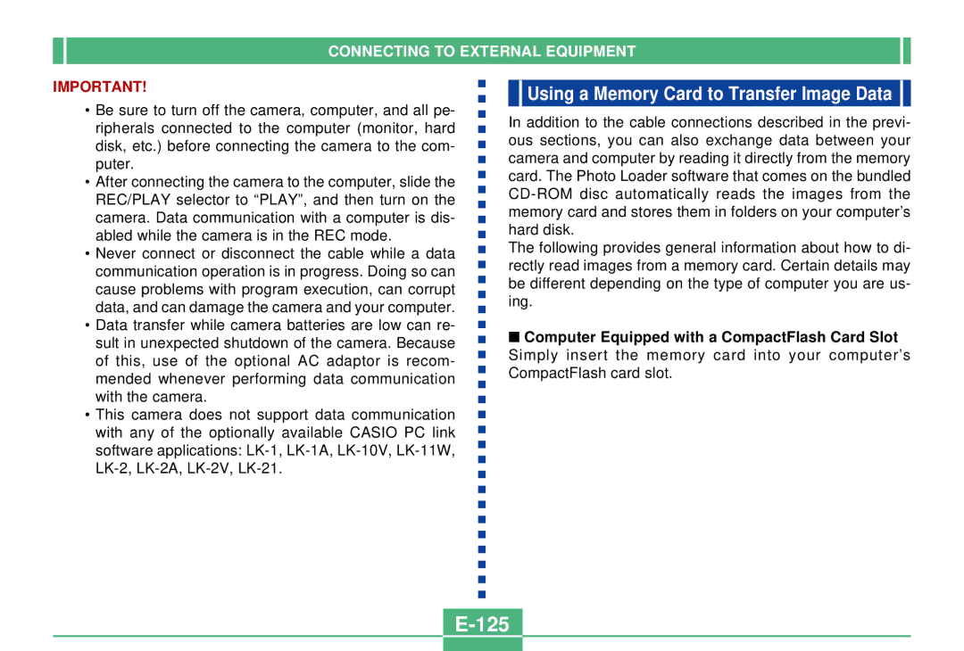 Casio QV-2300UX manual 125, Using a Memory Card to Transfer Image Data 