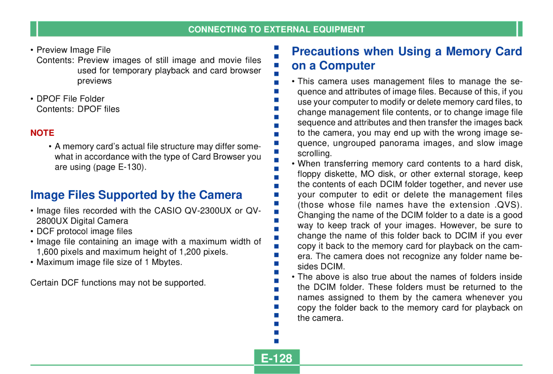 Casio QV-2300UX manual Image Files Supported by the Camera, Precautions when Using a Memory Card on a Computer, 128 