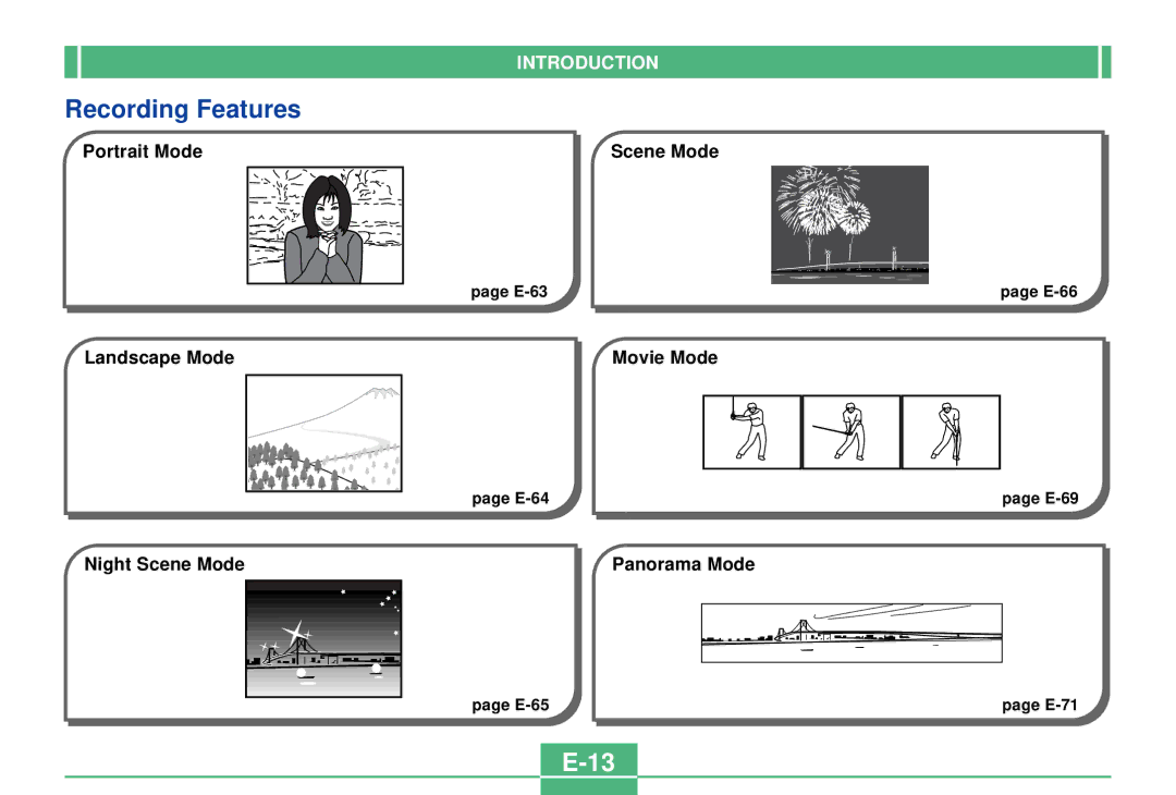 Casio QV-2300UX manual Recording Features, Portrait Mode, Landscape Mode, Night Scene Mode Panorama Mode 