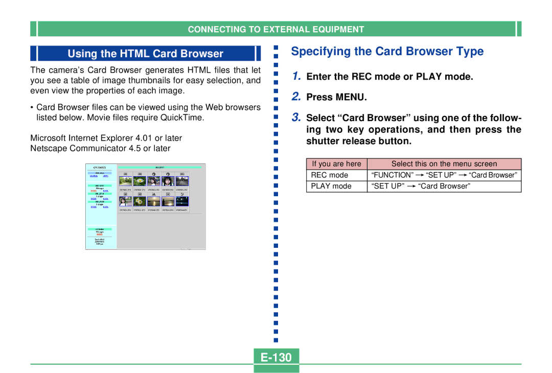 Casio QV-2300UX manual Specifying the Card Browser Type, 130, Using the Html Card Browser 