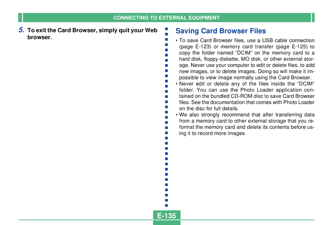 Casio QV-2300UX manual Saving Card Browser Files, 135 