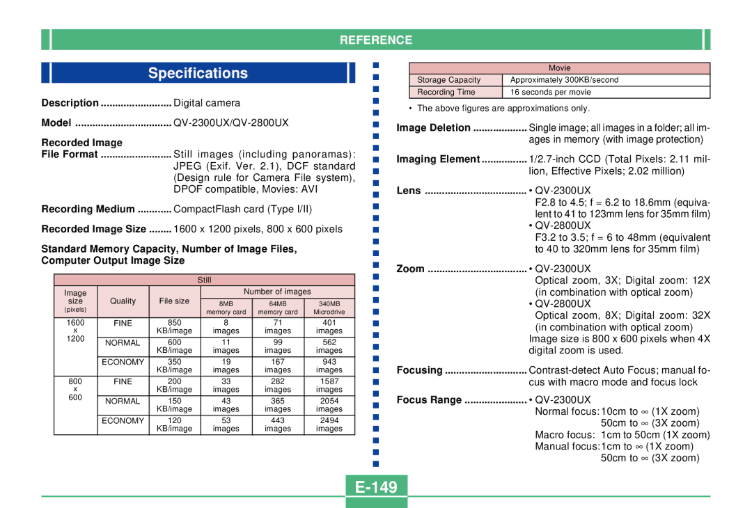 Casio QV-2300UX manual 149, Specifications 