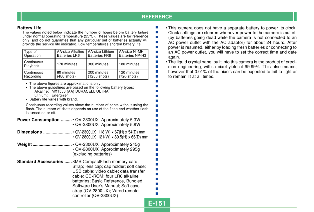 Casio QV-2300UX manual 151, Battery Life 