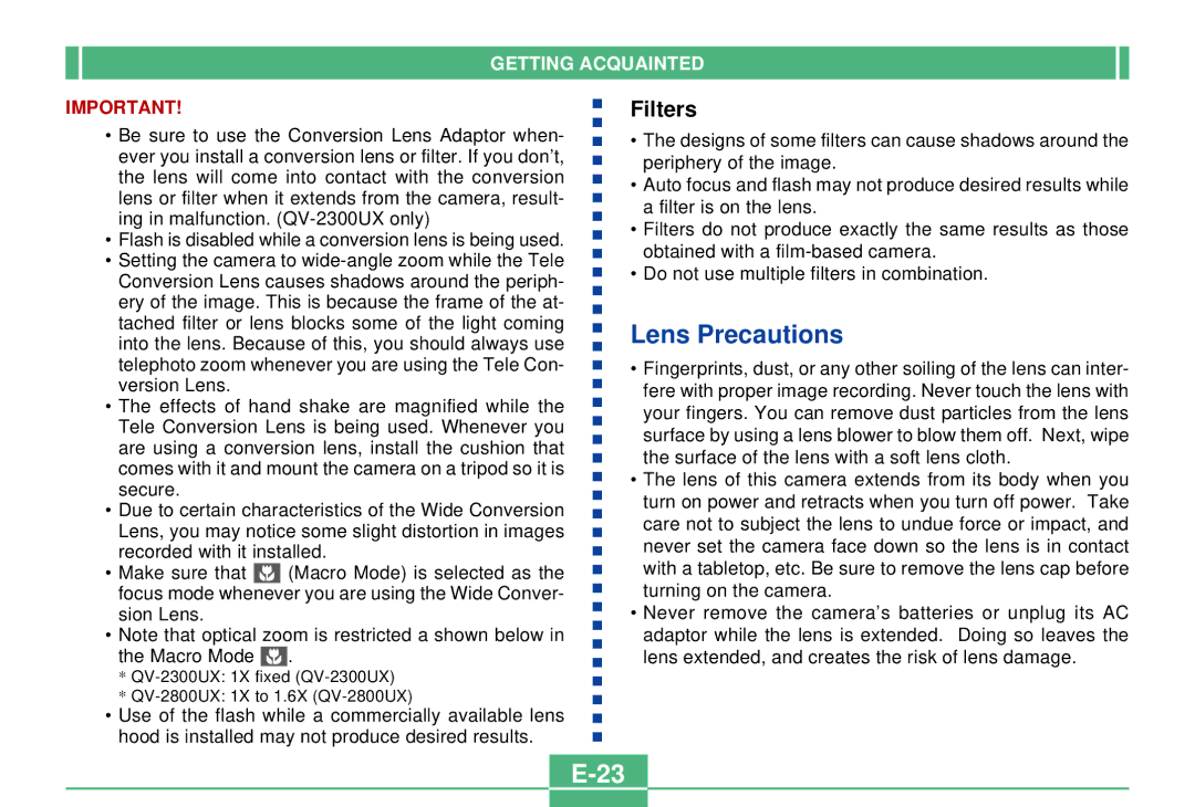 Casio QV-2300UX manual Lens Precautions, Filters 