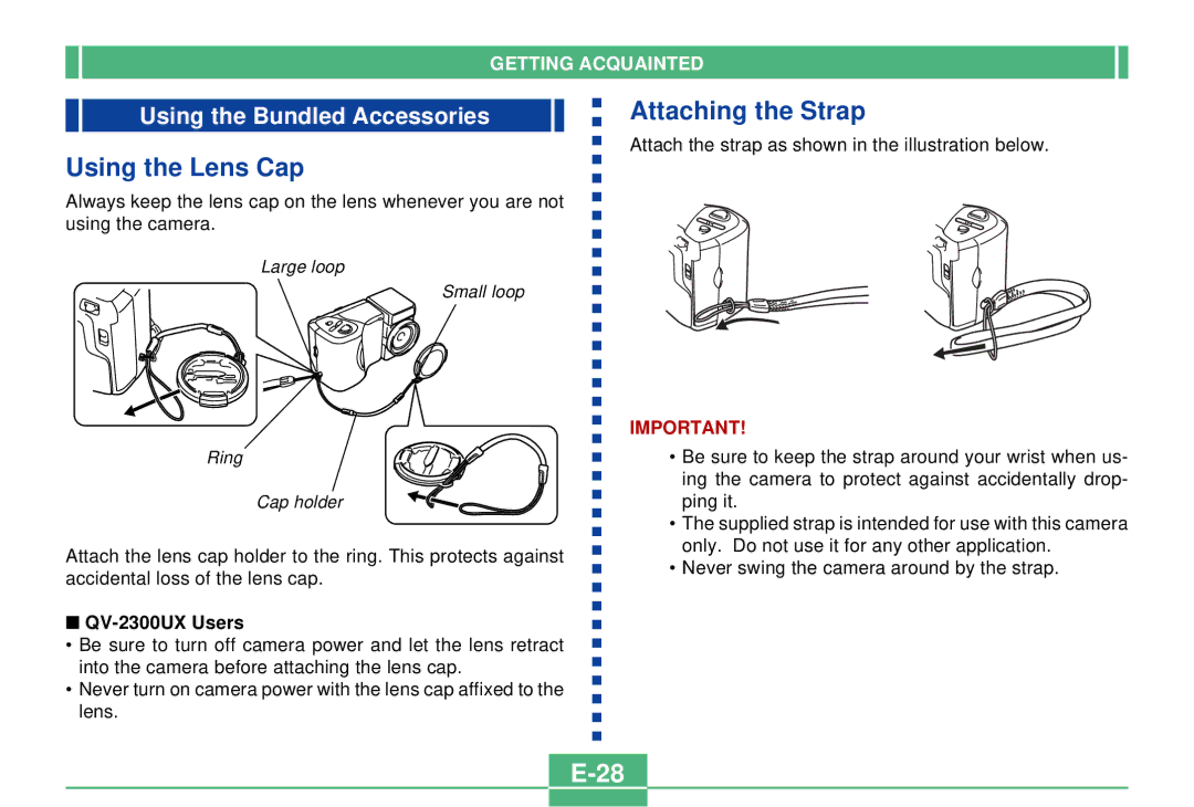 Casio manual Attaching the Strap Using the Lens Cap, Using the Bundled Accessories, QV-2300UX Users 