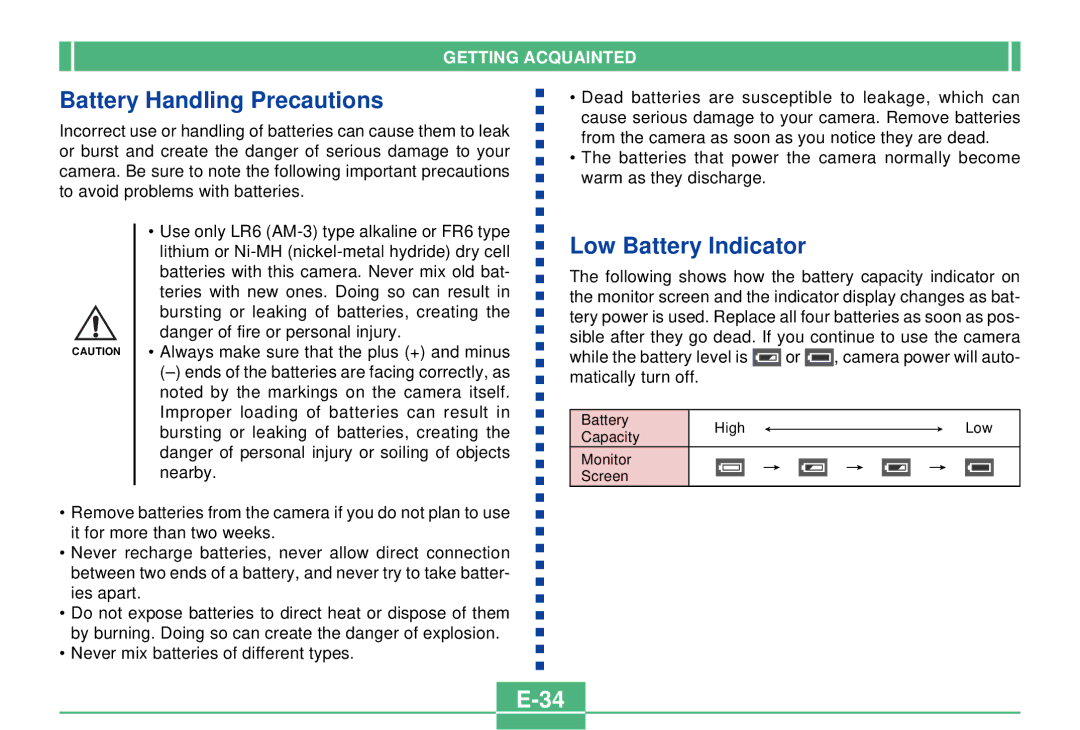 Casio QV-2300UX manual Battery Handling Precautions, Low Battery Indicator 