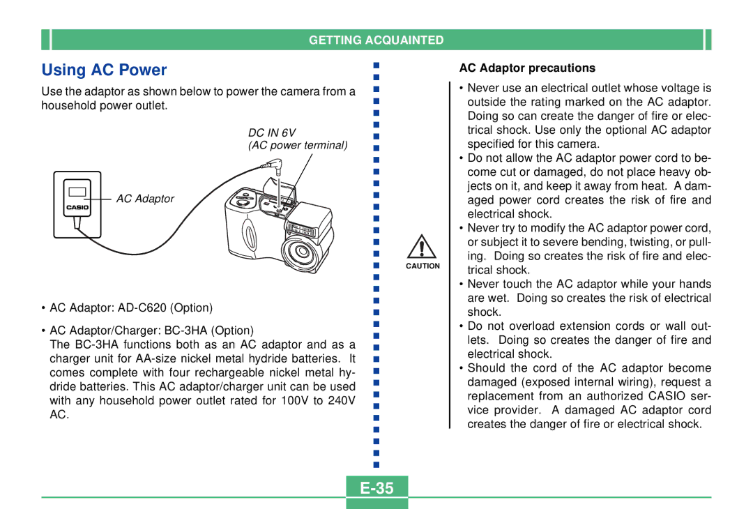 Casio QV-2300UX manual Using AC Power, AC Adaptor precautions 