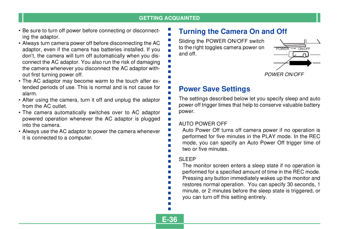 Casio QV-2300UX manual Turning the Camera On and Off, Power Save Settings 