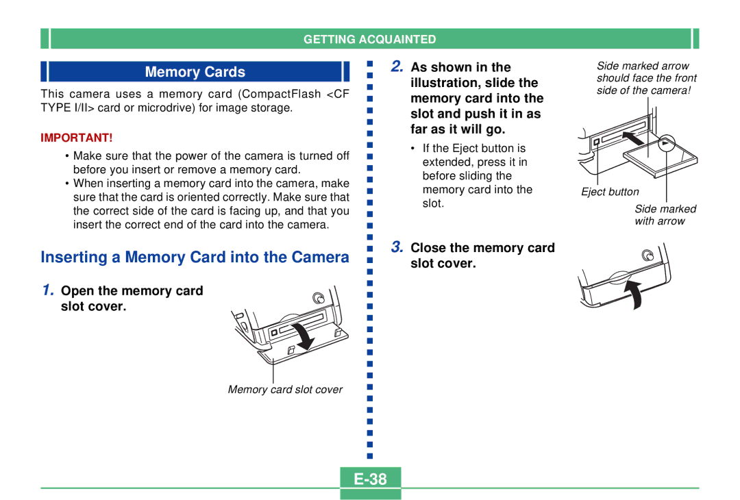 Casio QV-2300UX manual Inserting a Memory Card into the Camera, Memory Cards 