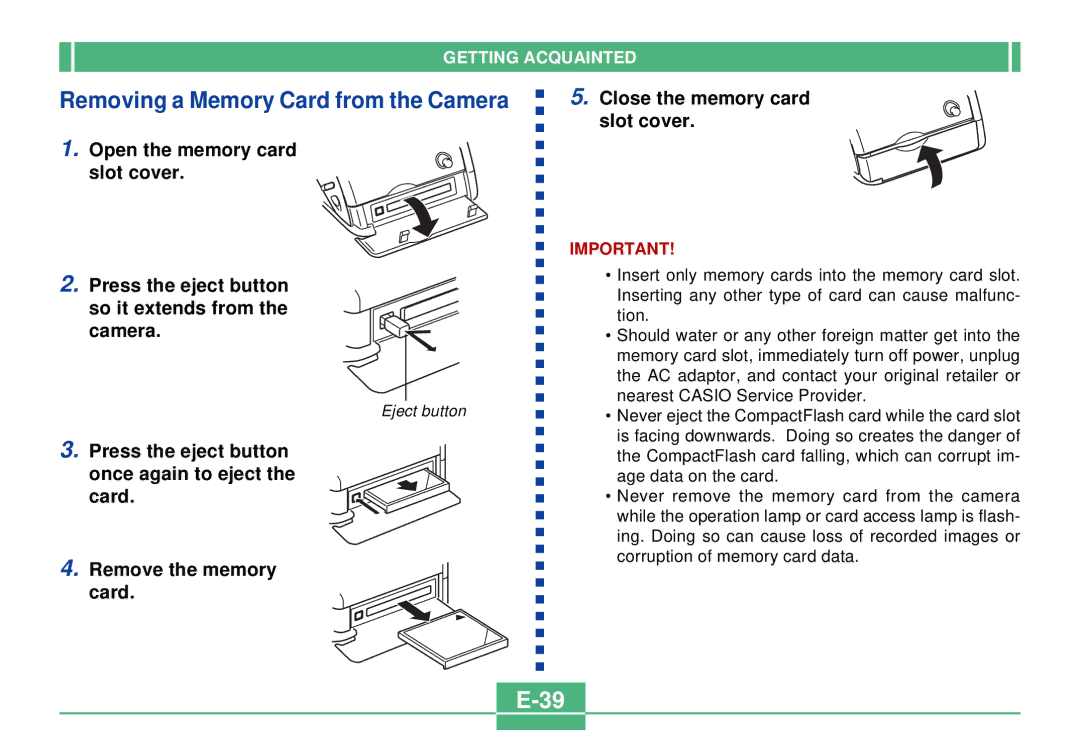 Casio QV-2300UX manual Removing a Memory Card from the Camera 