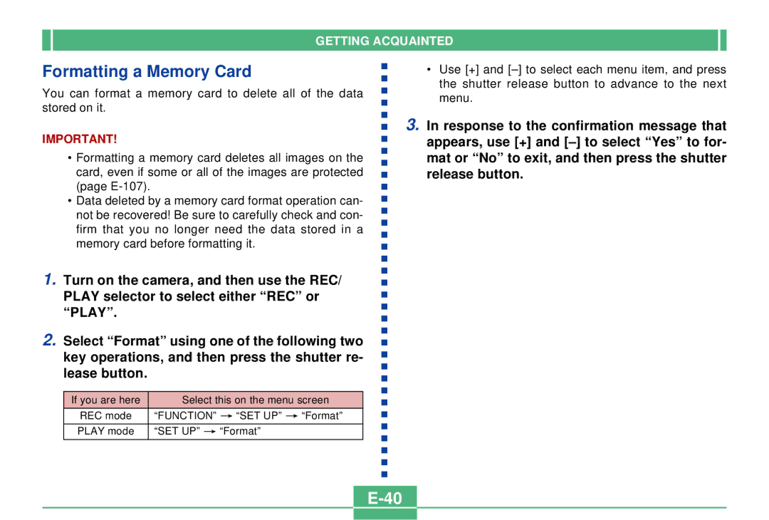 Casio QV-2300UX manual Formatting a Memory Card 