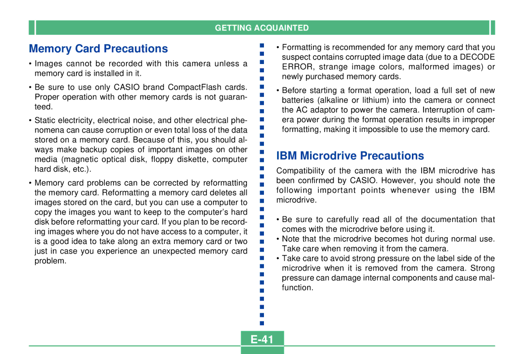 Casio QV-2300UX manual Memory Card Precautions, IBM Microdrive Precautions 