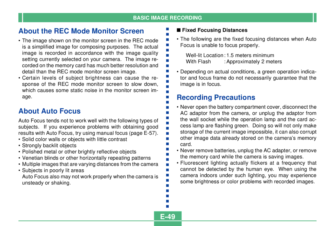 Casio QV-2300UX manual About the REC Mode Monitor Screen, About Auto Focus, Recording Precautions, Fixed Focusing Distances 