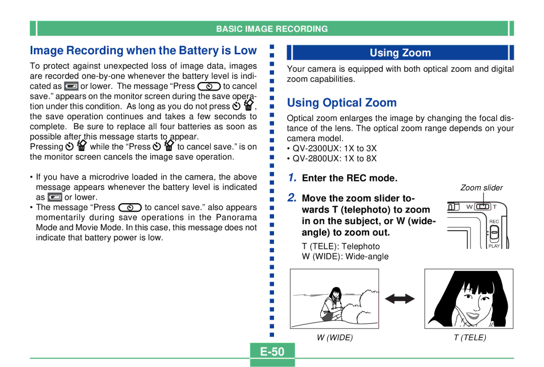 Casio QV-2300UX manual Image Recording when the Battery is Low, Using Optical Zoom, Using Zoom 