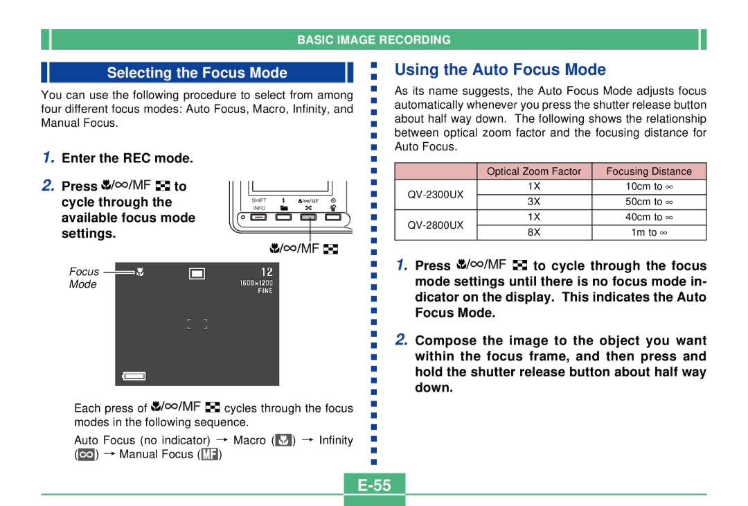 Casio QV-2300UX manual Using the Auto Focus Mode, Selecting the Focus Mode 