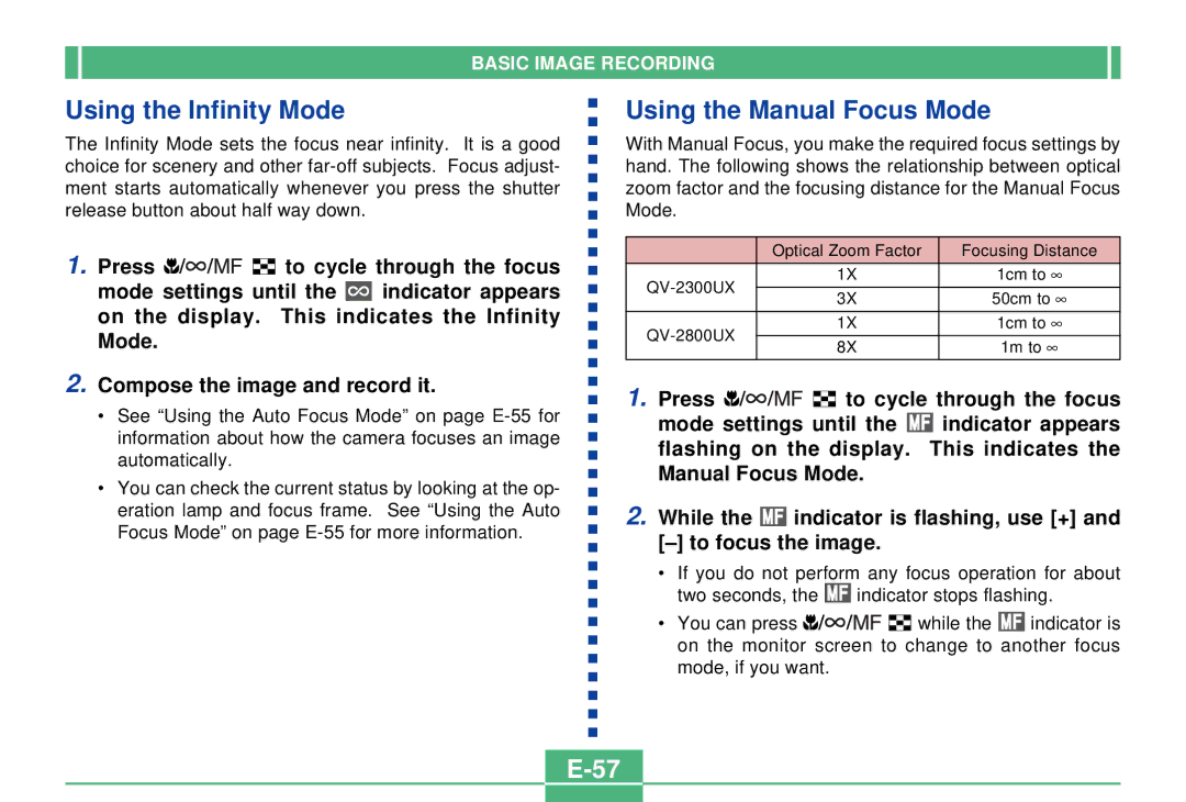 Casio QV-2300UX manual Using the Infinity Mode, Using the Manual Focus Mode 