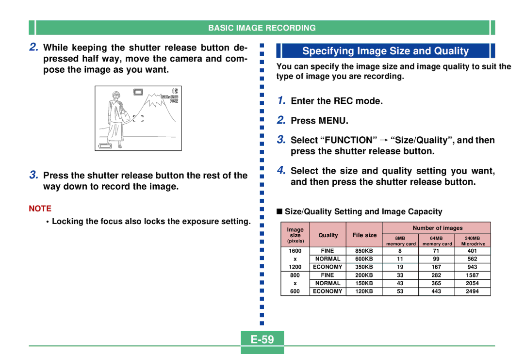 Casio QV-2300UX manual Specifying Image Size and Quality, Size/Quality Setting and Image Capacity 