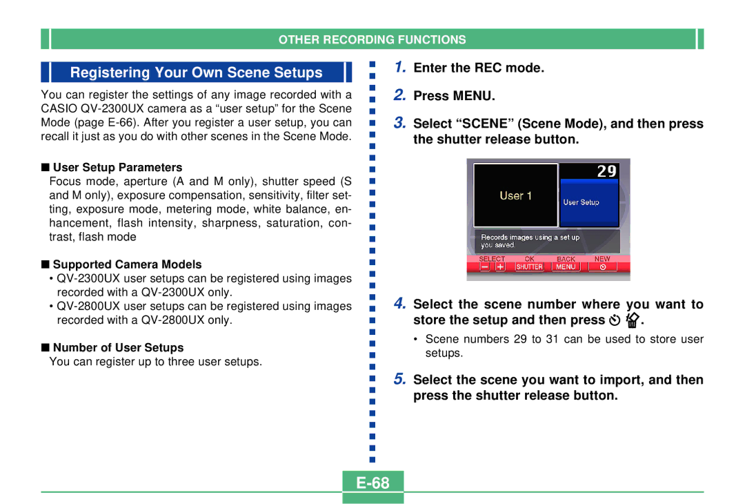 Casio QV-2300UX Registering Your Own Scene Setups, User Setup Parameters, Supported Camera Models, Number of User Setups 