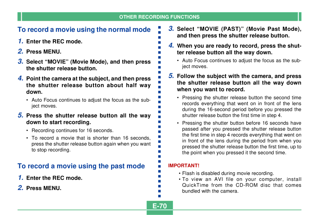 Casio QV-2300UX manual To record a movie using the normal mode, To record a movie using the past mode 