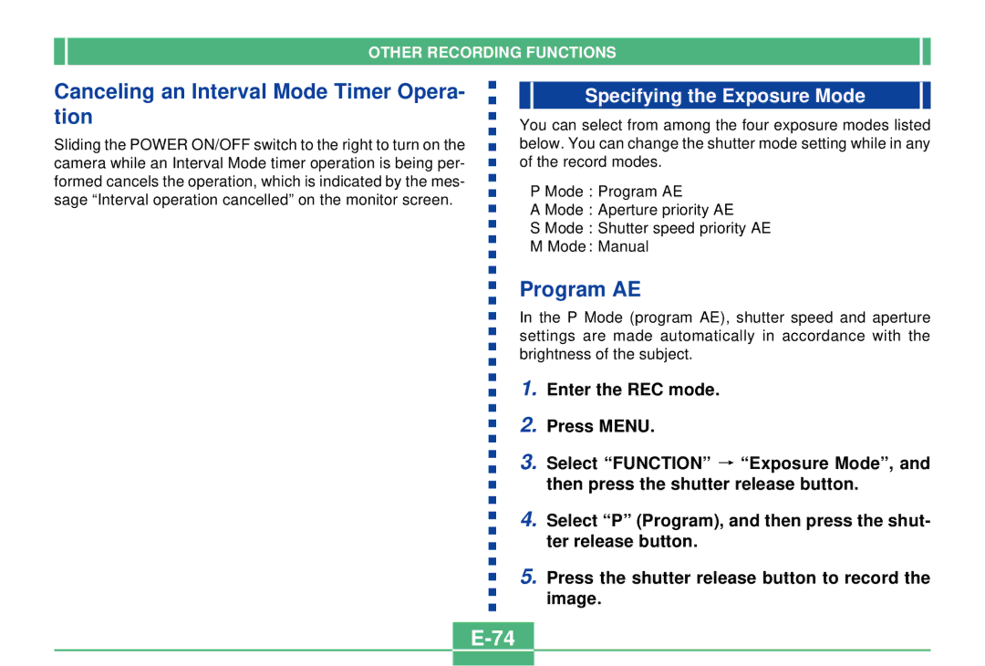 Casio QV-2300UX manual Canceling an Interval Mode Timer Opera- tion, Program AE, Specifying the Exposure Mode 