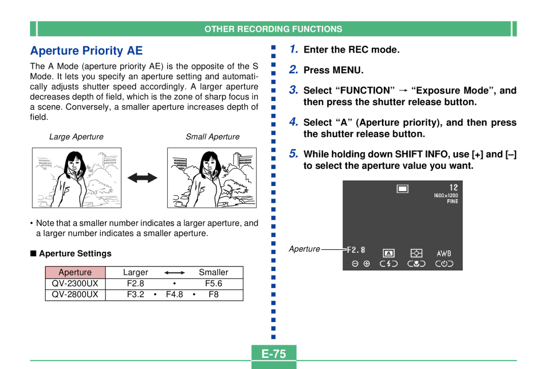 Casio QV-2300UX manual Aperture Priority AE, Aperture Settings 