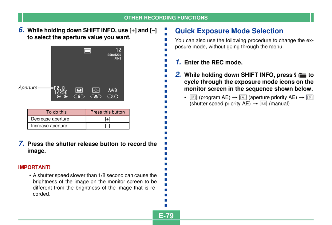 Casio QV-2300UX manual Quick Exposure Mode Selection 