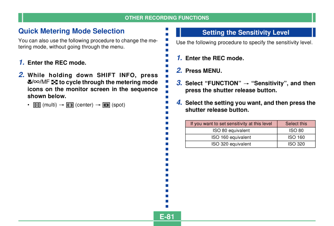 Casio QV-2300UX manual Quick Metering Mode Selection, Setting the Sensitivity Level 