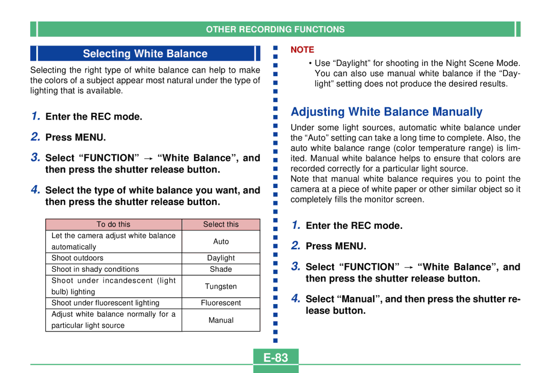 Casio QV-2300UX manual Adjusting White Balance Manually, Selecting White Balance 