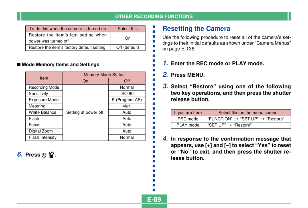 Casio QV-2300UX manual Resetting the Camera, Mode Memory Items and Settings 