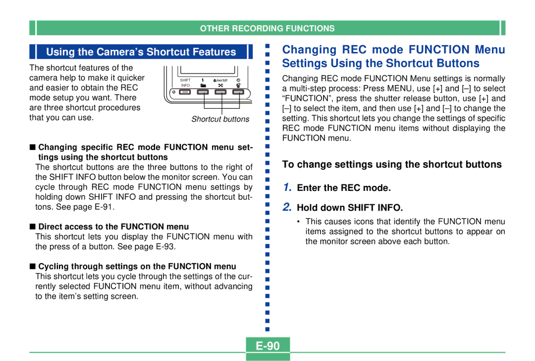 Casio QV-2300UX manual Using the Camera’s Shortcut Features, Direct access to the Function menu 