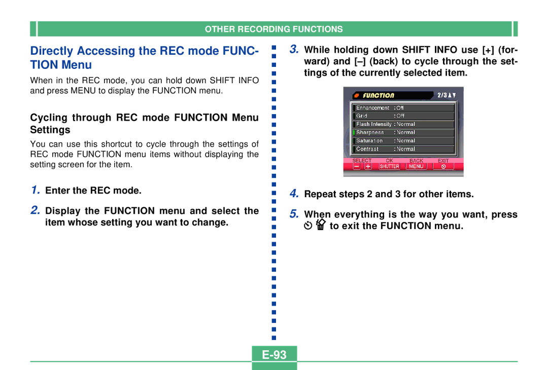 Casio QV-2300UX manual Directly Accessing the REC mode FUNC- Tion Menu, Cycling through REC mode Function Menu Settings 